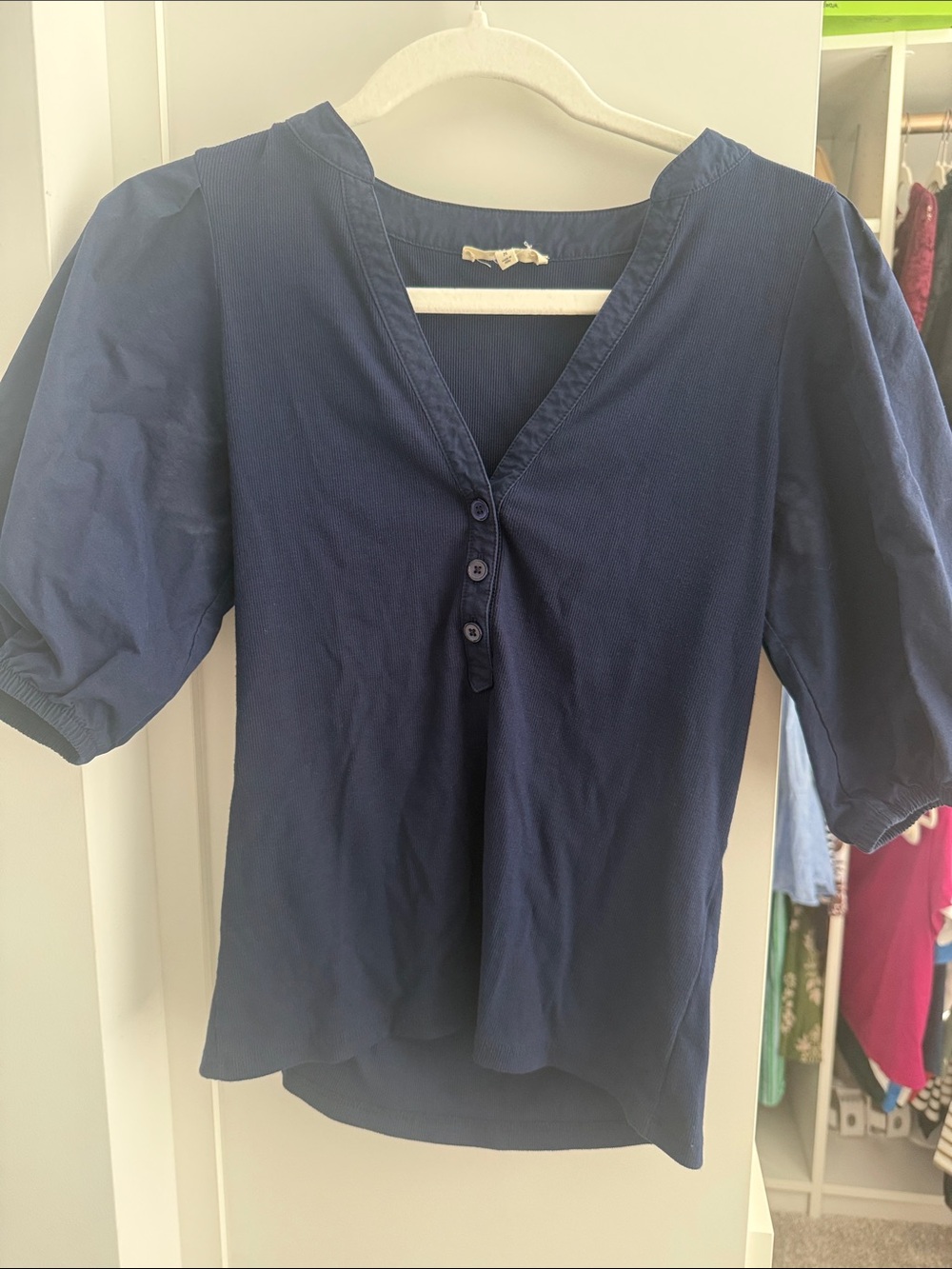 Madewell Navy V-Neck Button Front Puff Sleeve Top